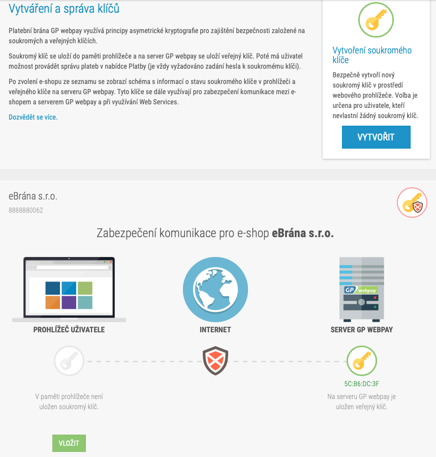 Výřez z GP webpay - generování klíčů